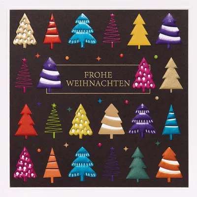 Produktbild von Weihnachten Prisma quadratische unverpackte Weihnachtskarte mit Umschlag bunte Tannenbäume mit Blindprägung Frohe Weihnachten
