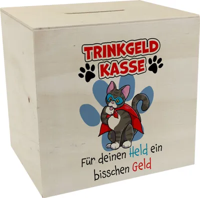 Produktbild von Spardose aus Holz für Trinkgeld mit Katze und Spruch: Für deinen Held ein