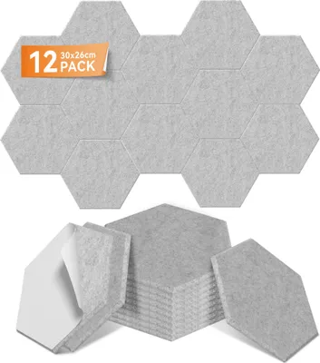 Produktbild von LARS360 Hellgrau Akustikpaneele 12er Set 30x26cm Hexagon, Schallschutz Wandpaneele, Schalldämmung, Schallabsorber für Studio Home Gaming