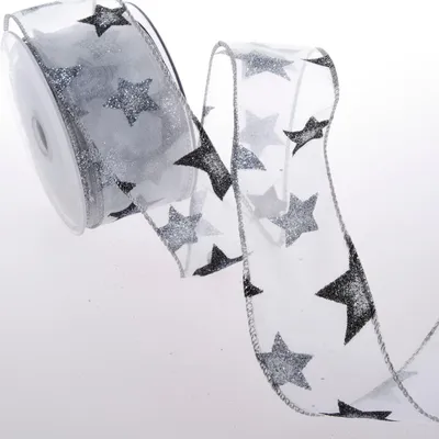 Produktbild von Glitzersternenband mit Drahtkante - Weihnachtsband - Schleifenband - Geschenkband - Sterne - Glitzer - Silber - Schwarz - 50mm - 10m - 8280 94
