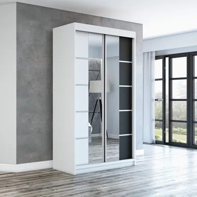 Produktbild von Schwebetürenschrank, 2-türig Schrank ERA 120 cm (mit Spiegel) ( Weiß / weiß / schwarz)