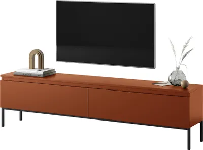 A modern TV lowboard with a television mounted above it, displayed against a white background.