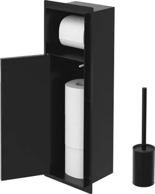 A black toilet paper holder and toilet brush set against a white background.