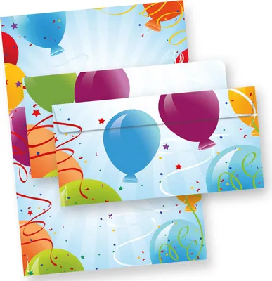Produktbild von Briefpapier Geburtstag Set Luftballon 25 Sets Briefpapier mit Umschlag beidseitig DIN A4