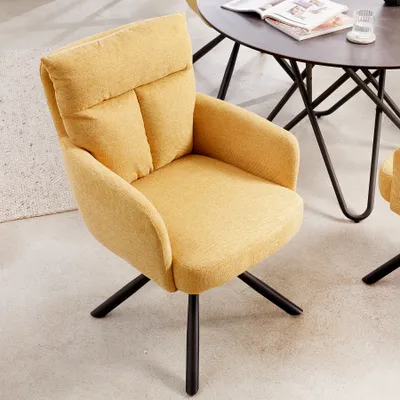 Produktbild von Invicta Interior BIG GEORGE Stuhl, senfgelb, drehbar, mit Armlehnen, Bonellfederkern, Retro, Strukturstoff, Metall, 60x92x67 cm (BxHxT), Ess-/Arbeitsstuhl, nicht selbstrückstellend, T-förmige Ziernaht