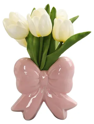 Produktbild von Moderne Blumenvase mit Schleife aus Keramik, ideal als Tischdekoration für Zuhause oder Büro.