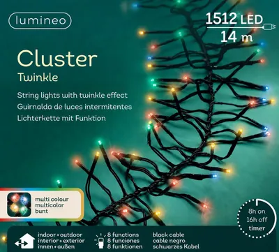 Productafbeelding van LED clusterverl.twinkle buiten 13,5 m-1512L zwart multi Lumineo