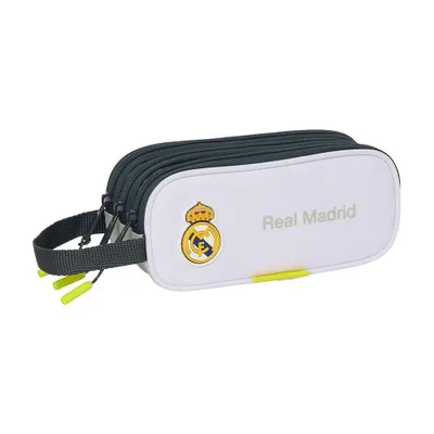 A white pencil case with the Real Madrid logo and name on it.