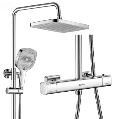 Image de Système de douche avec thermostat, douchette de pluie 13", pommeau de douche à main avec 3 jets, hauteur réglable, finition chromée