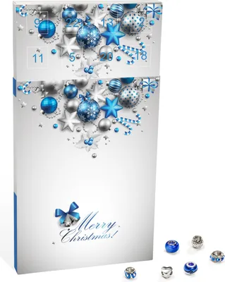 Produktbild von VALIOSA Merry Christmas Mode-Schmuck Adventskalender mit Halskette, Armband + 22 individuelle Perlen-Anhänger aus Glas & Metall, Geschenkidee für Mädchen, blau, 24-teilig (1 Set)
