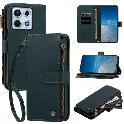 Image de Étui pour Motorola Edge 70 Max, en cuir synthétique, type portefeuille, avec porte-cartes, poche zippée, support et dragonne, couleur verte