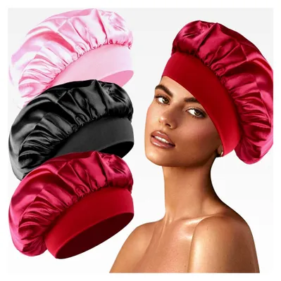 Produktbild von 3 Stück Seidenhauben zum Schlafen in Schwarz, Rosa und Rot