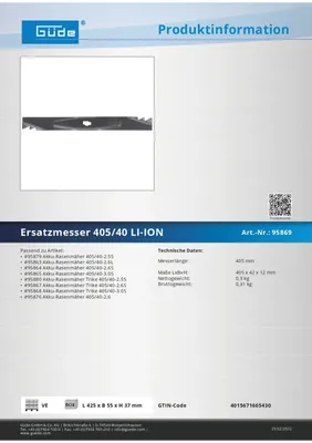 Güde Rasenmäher Ersatzmesser 405-40 LI-ION Rasenmähermesser Rasenmäher Ersatzteil Messer für Rasenmäher Rasenmäher Messer Rasenmäher Zubehör 325916 95869 4015671665430 Stabilo-Fachmarkt.de