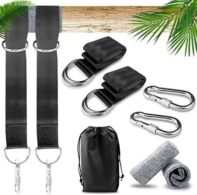 Produktbild von Schwarzes Premium-Hängeset mit Stoßdämpfung, 2 Karabinerklemmen und Reisebeutel - Tragfähigkeit bis 400 kg - Ideal für Hängematten und Hängestühle