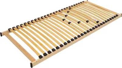 A wooden bed frame with slats, shown from a diagonal angle against a white background.