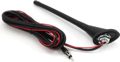 A black car antenna with a coiled black and red wire is shown against a white background.