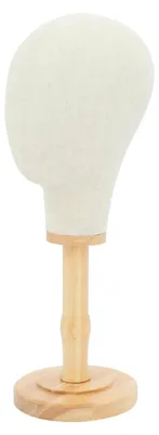 Produktbild von Perückenkopf Mannequin - Tischständer für Perücken Hüte Brillen - Stabile Basis - Modern Kunststoff Leinen Holz - Für Salon und Zuhause - Beige