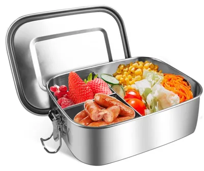 Produktbild von Lunchbox aus Edelstahl mit Fächern, 1000 ml, auslaufsicher, mit 3 Fächern, Bento-Box, Snackbox, Lunchbox für Kinder und Erwachsene
