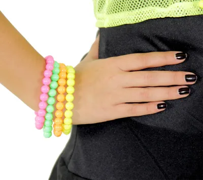 Produktbild von 4er Set Neon Perlen-Armbänder im 80er Jahre Stil, gelb, grün, pink, orange für Kostüme
