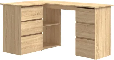 A light brown corner desk with drawers and shelves against a white background.