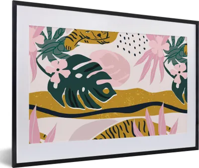 Produktbild von MuchoWow® MuchoWow® Gerahmtes Poster Tiger - Pflanzen - Dschungel - Muster 60x40 cm - Poster mit zchwarzem Bilderrahmen - Schlafzimmer - Plakat in Rahmen - Drucken