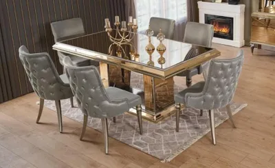 Produktbild von Essgruppe Esszimmer Esstisch Stühle Essecke Gold Holz Luxus Set 8tlg
