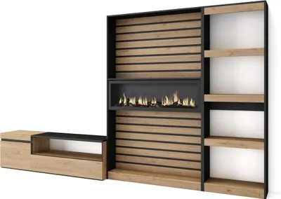 Produktbild von Wohnwand Wohnzimmer, 320x35x186cm, Elektrokamin XXL. Eiche und Schwarz