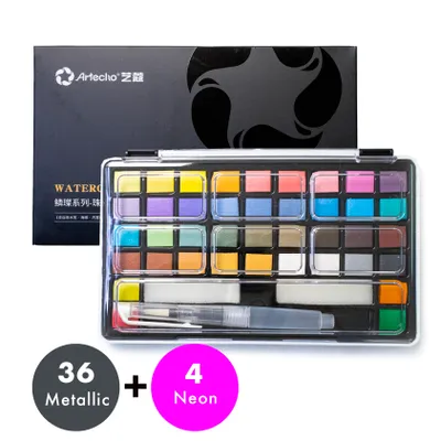 Produktbild von Artecho Aquarellfarben Wasserfarben Set – 40 Farben inkl. Perlglanz & Neon mit Wasserpinsel & Schwamm – ideal für Anfänger & Hobbykünstler