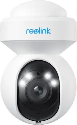 A white security camera with a black lens and blue branding.