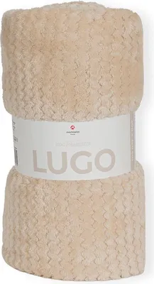 A rolled-up beige blanket with a label around it.
