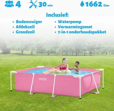 Produktbild von Intex-Schwimmbecken mit rechteckigem Rahmen – 220 x 150 x 60 cm – Rosa – im Lieferumfang enthalten Abdeckung - Bodenplane - Filterpumpe für Schwimmbad - Solarmatte - Wartungspaket - Reinigungskit