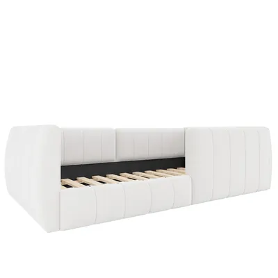 Produktbild von Merax Polsterbett 90x200 cm, Kinderbett, Gepolstertes Plattformbett mit Sicherheitsgeländer, Leinen Flachbett, Einzelbett für Kinderzimmer, Beige