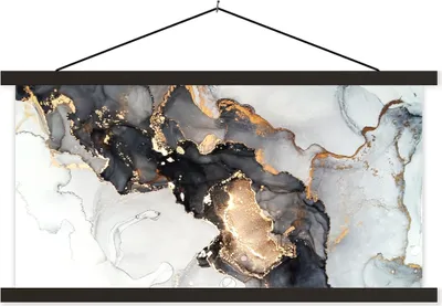 Produktbild von MuchoWow® Textilposter Marmor - Schwarz - Weiß - Gold - Luxus - Abstrakt 60x30 cm mit schwarzem Rahmen - Textilien