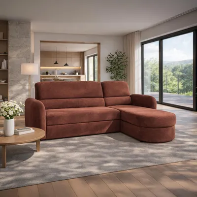 Produktbild von Ecksofa PRESTON, Wohnzimmer, modernes Schlafsofa Sofa 3-Sitzer Sofa freistehendes Polstersofa Bettkasten 246 cm rechte Ottomane Rot Vinci 46