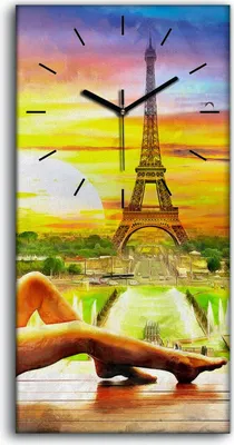 Produktbild von Wandbild Leinwand Bilder mit Uhr 30x60 Sonnenuntergang und Eiffelturm Paris - schwarze Hände