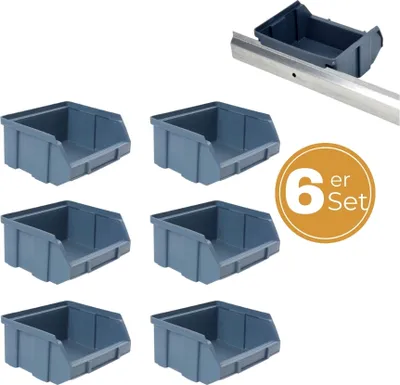 Produktbild von Stapelboxen Schraubenbox Lagerboxen Stapelboxen Werkstatt Sichtlagerboxen klein groß Set Wandhalterung Wand 6x Stapelbox Gr.1 + Metallschiene