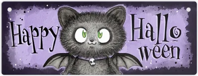 Produktbild von Happy Halloween Metallschild mit schwarzer Fledermaus-Katze