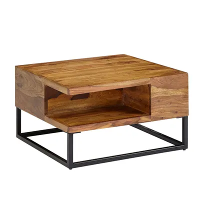 Produktbild von Couchtisch 60x60x34,5 cm Sheesham Massivholz / Metall Sofatisch Eckig, Wohnzimmertisch mit Stauraum, Kaffeetisch Massiv, Kleiner Tisch Beistelltisch Wohnzimmer Modern Quadratisch