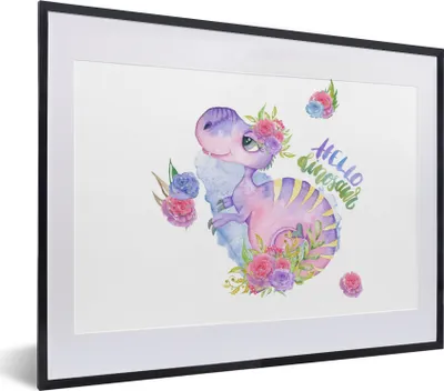 Produktbild von MuchoWow® Gerahmtes Poster Dinosaurier - Kinderzimmer - Aquarell - Mädchen - Kinder - Rosa 40x30 cm - Poster mit Schwarzem Bilderrahmen Wandposter Rahmen Foto Bilder - Bilderrahmen - Poster im Rahmen