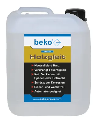 A plastic canister of wood lubricant with a label detailing its features.