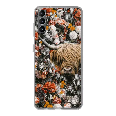 Produktbild von MuchoWow® Handyhülle Schutzhülle Hülle für Samsung Galaxy S21 Plus Schottischer Highlander - Blumen - Orange Silikon Softcase Handy Hülle - Handy-Tasche