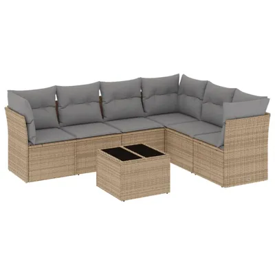 Produktbild von vidaXL 7-tlg. Garten-Sofagarnitur mit Kissen Beige Poly Rattan
