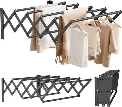 Produktbild von Famanu Wandtrockner aus Edelstahl – teleskopisch 12 bis 56 cm, 7 Stangen, 25 kg Tragkraft, schwarz