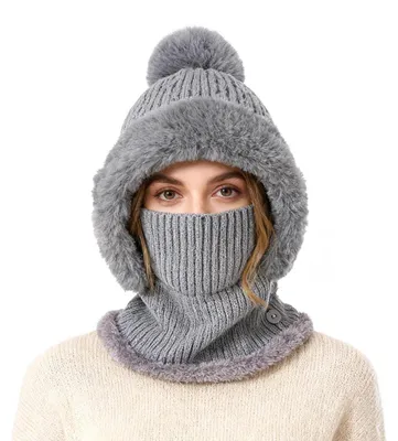 Immagine prodotto di Set composto da berretto da sci e scaldacollo da donna, ideale per l'inverno. Berretto con fodera in pile e maschera facciale regolabile. Colore: grigio. Taglia unica