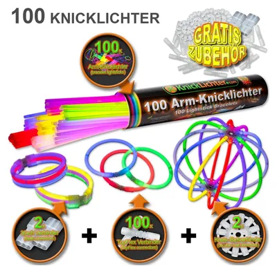 Produktbild von 100 Bunte Arm-Knicklichter 8 Farben incl. 100 TopFlex, zwei 3fach und 2 Ballverbinder – e Qualität aus DE