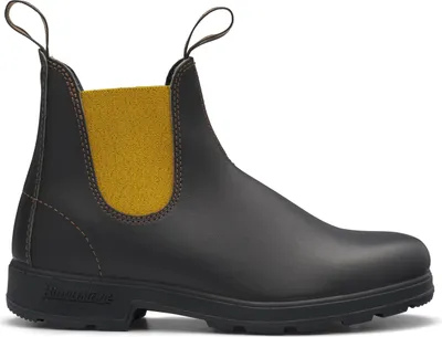 A single brown leather Blundstone boot with yellow elastic side panels, shown from the side against a white background.