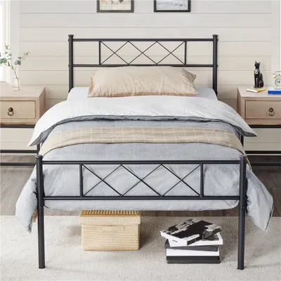 Produktbild von Yaheetech Metallbett Bettgestell mit Kreuzdesign Kopfteil, 90 x 200 cm Bettrahmen, Schwarz