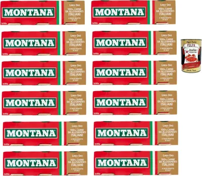 Produktbild von 12x Montana linea oro Rindfleisch in Aspik dosen 3x 90g 100% Italienisch Fleisch, Aspikfleisch + Italian Gourmet polpa 400g