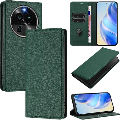Immagine prodotto di Custodia in pelle per Oppo Find X6 Pro, pelle Litschi, custodia a portafoglio con slot per carte e supporto Verde