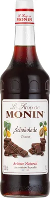 A bottle of Monin chocolate syrup.